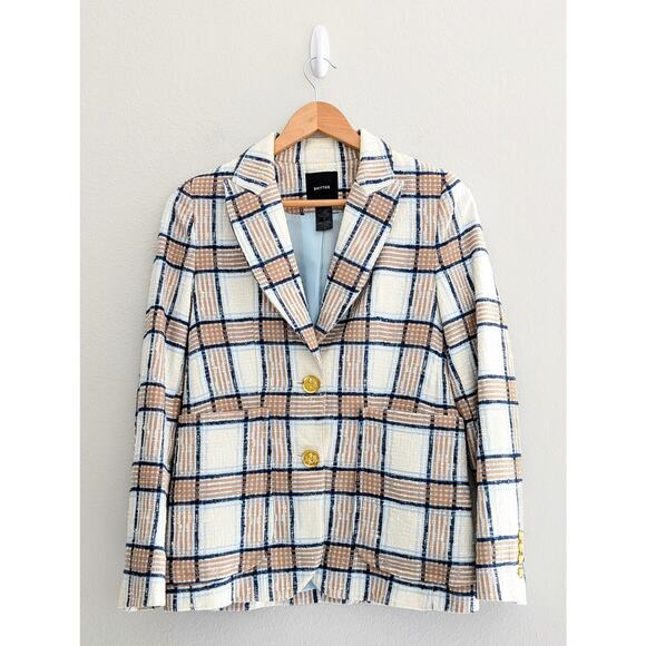Smythe Portrait Neck Chesterfield Plaid Blazer Sz 8 Check White Brown Blue $695 - Picture 4 of 11